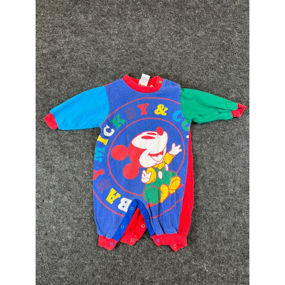 Vintage 90s Baby Mickey & Co Disney Romper 3-6M Blue Cartoon Graphic Colorblock